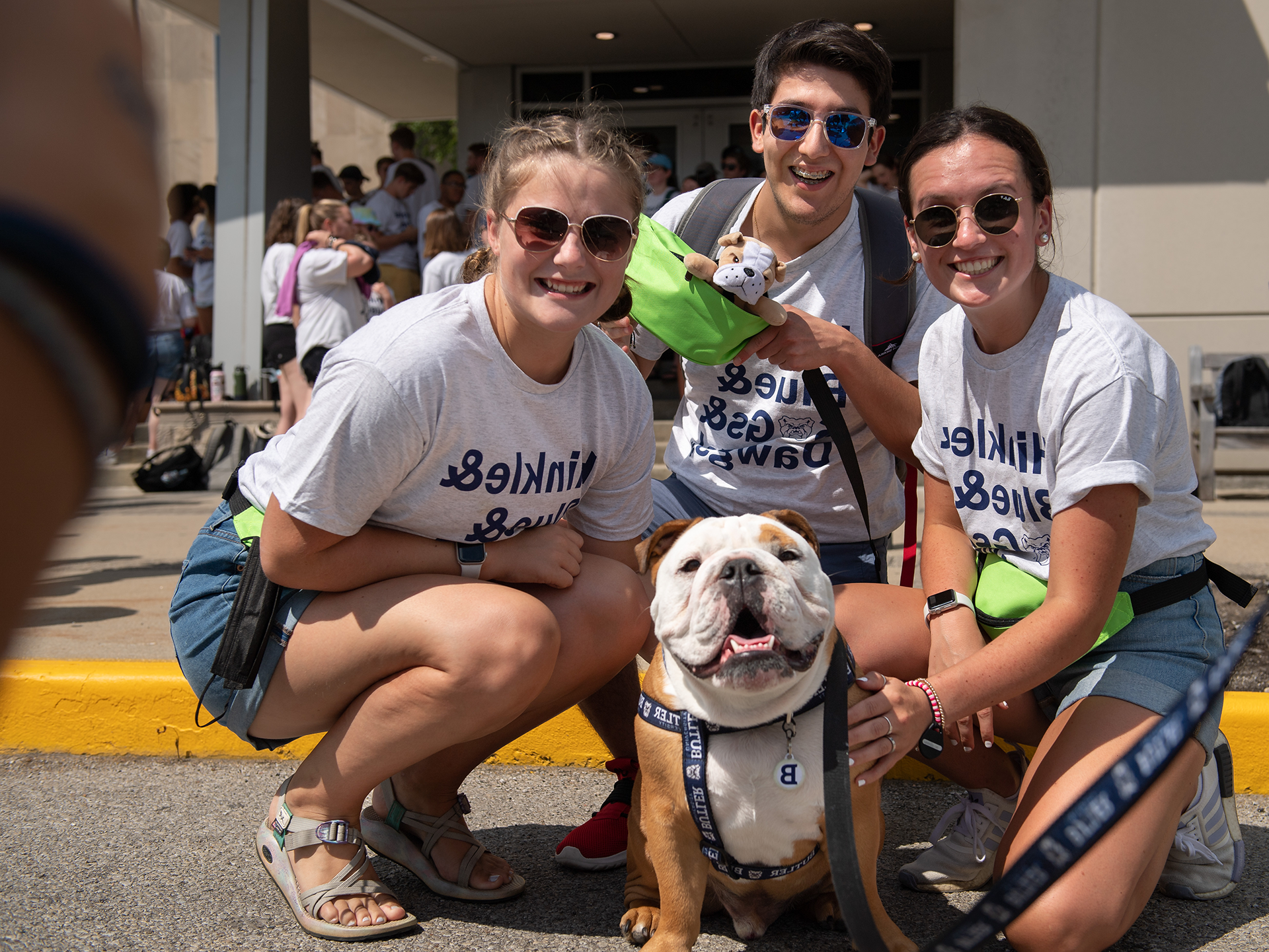 Bulldog in a 博彩平台排名 harness and leash with 3 students around him in white t-shirts and sunglasses